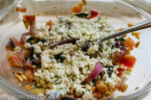 Pine nuts, Beets, Red Onion with Blue cheese for Orzo salad @ ahealthylifeforme