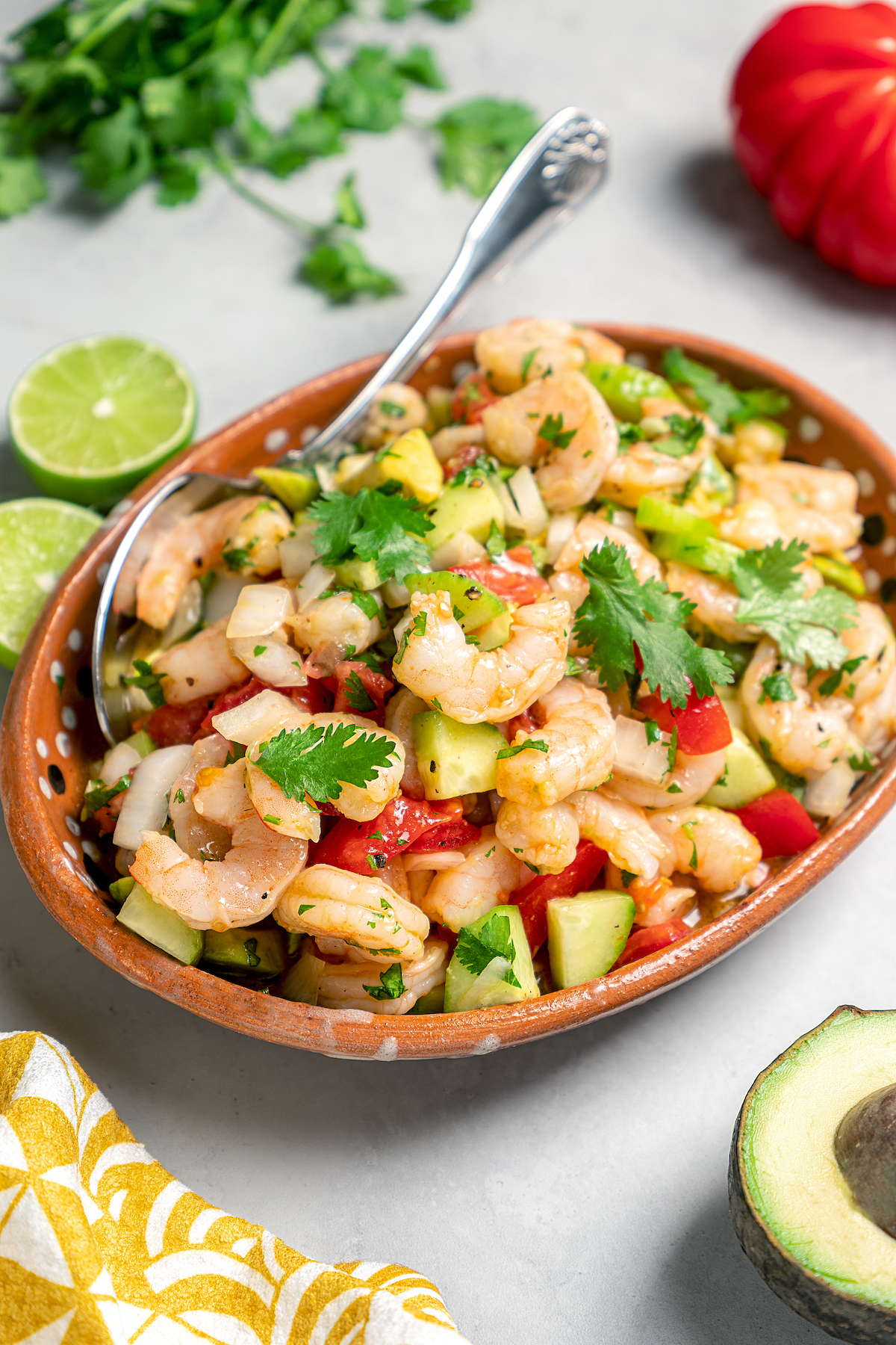 Easy seafood ceviche made with frozen shrimp.