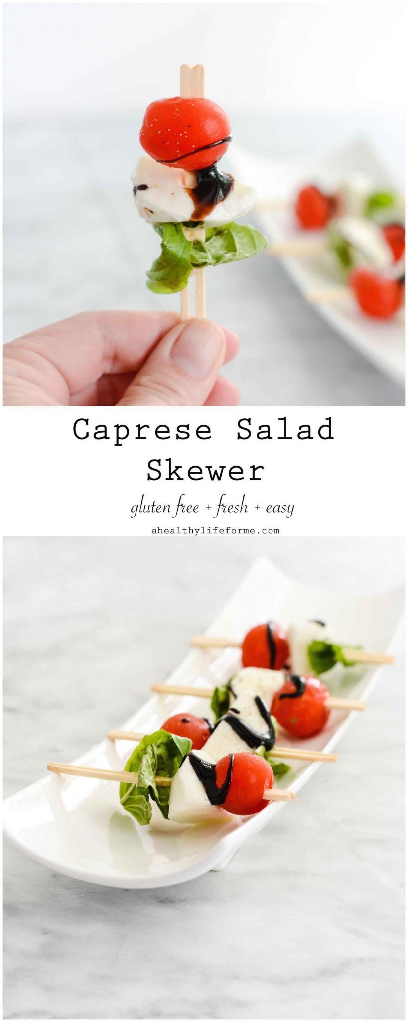 Caprese Salad Skewers are a delicious, easy, gluten free appetizer recipe. Tomato fresh mozzarela basil and balsamic glaze | ahealthylifeforme.com