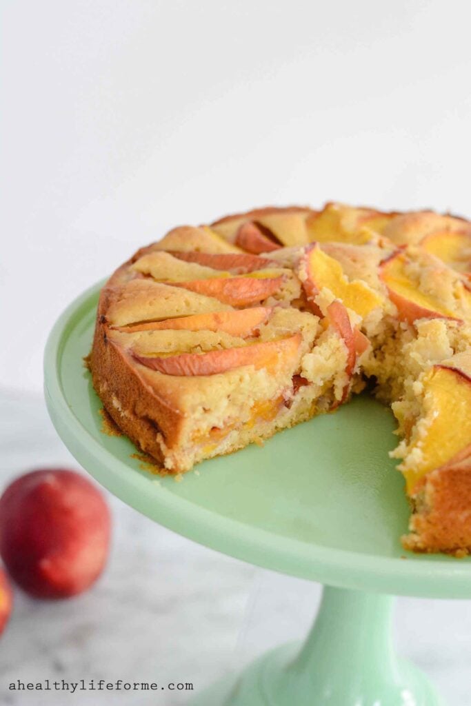 Peach Cake recipe gluten free moist and delicious with two layers of peaches | ahealthylifeforme.com