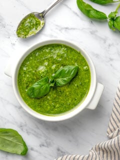 Finished basil pesto recipe served in a bowl.