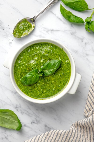 Finished basil pesto recipe served in a bowl.