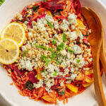 Pasta salad with beets and blue cheese.