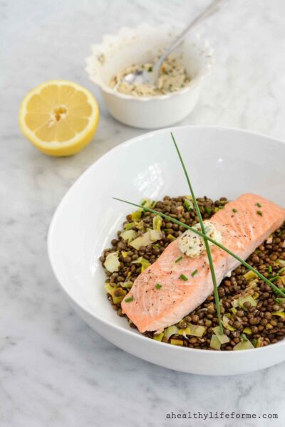 Salmon and Lentils with Herb Mustard Butter Recipe is healthy easy and ready in under 30 minutes | ahealthylifeforme.com