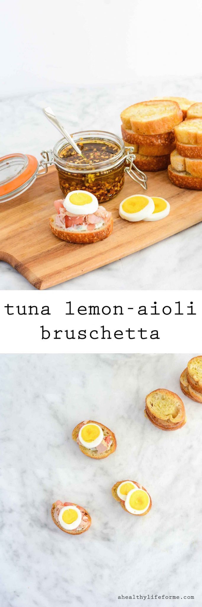 Bruschetta with tuna and egg topping.