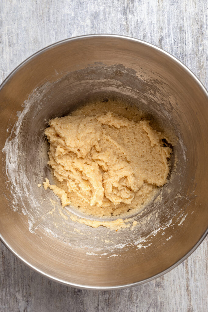 Smooth cookie dough in a mixing bowl.