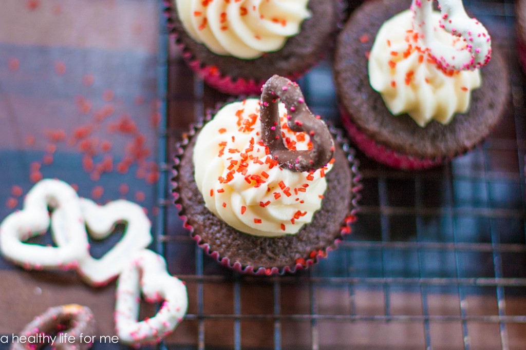 Chocolate Peanut Butter Cupcakes with Butter Frosting and Chocolate Covered Pretzels 