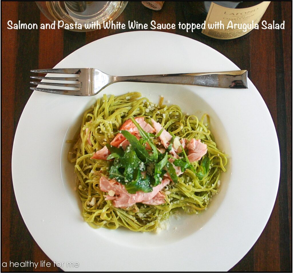 Healthy Easy Salmon-and-Pasta-with-White-Wine-Sauce-and-Arugula-Salad