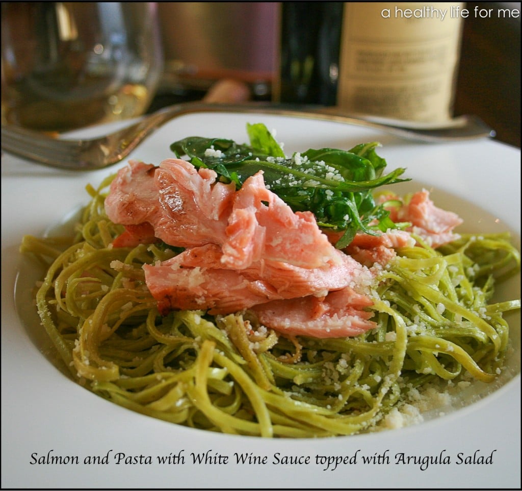 Salmon-and-Pasta-with-a-White-Wine-Sauce-topped-with-Arugula-Salad