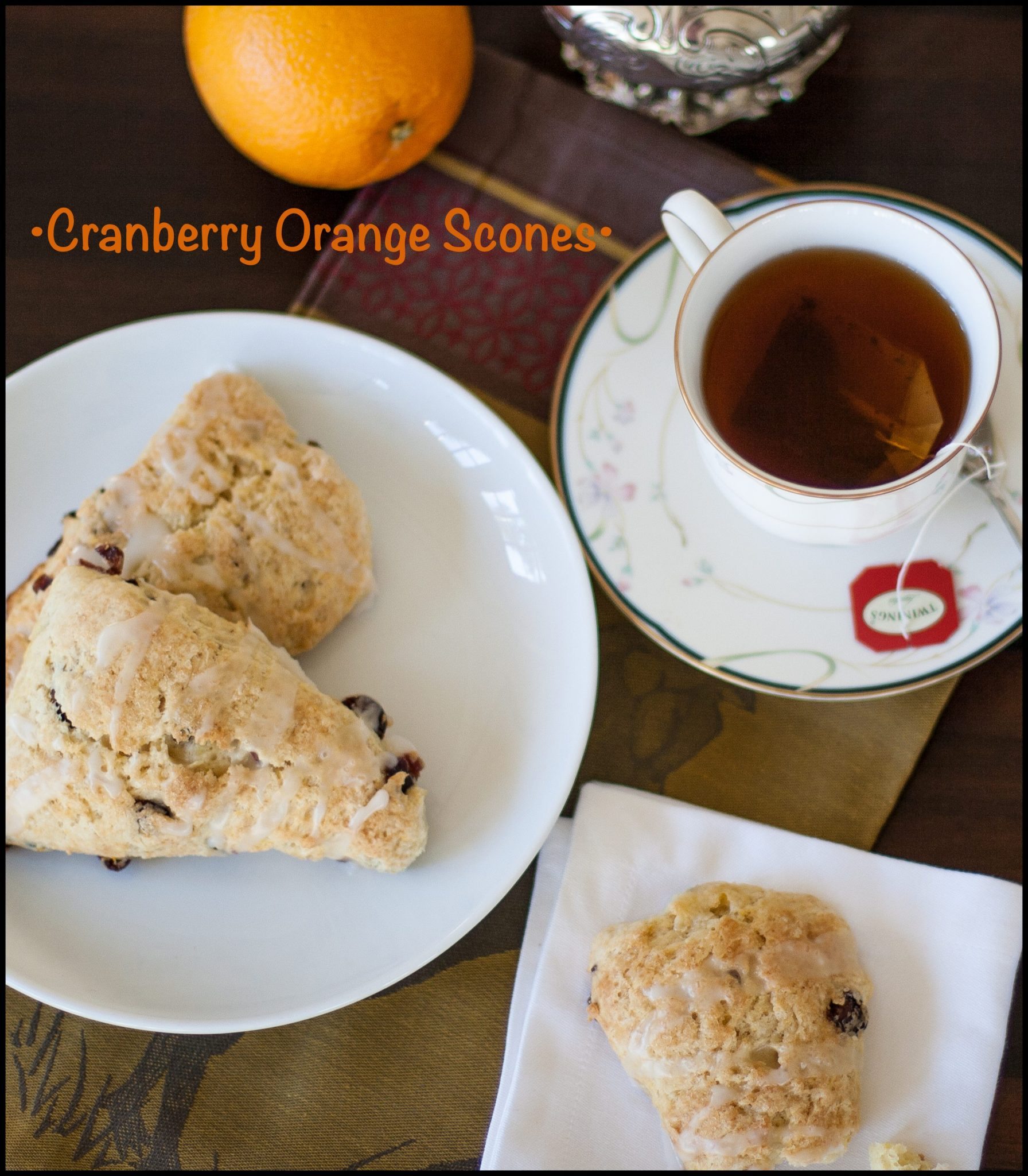 Cranberry orange scones with a cup of tea. 