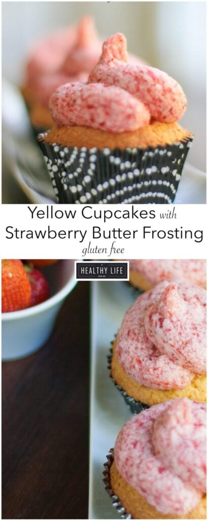 Yellow Cupcakes with Strawberry Butter Frosting Gluten Free Recipe | ahealthylifeforme.com