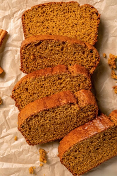 Sliced, freshly-baked pumpkin bread.