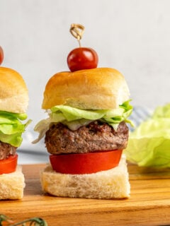 A homemade bison burger slider with a decorative pick to hold it together.