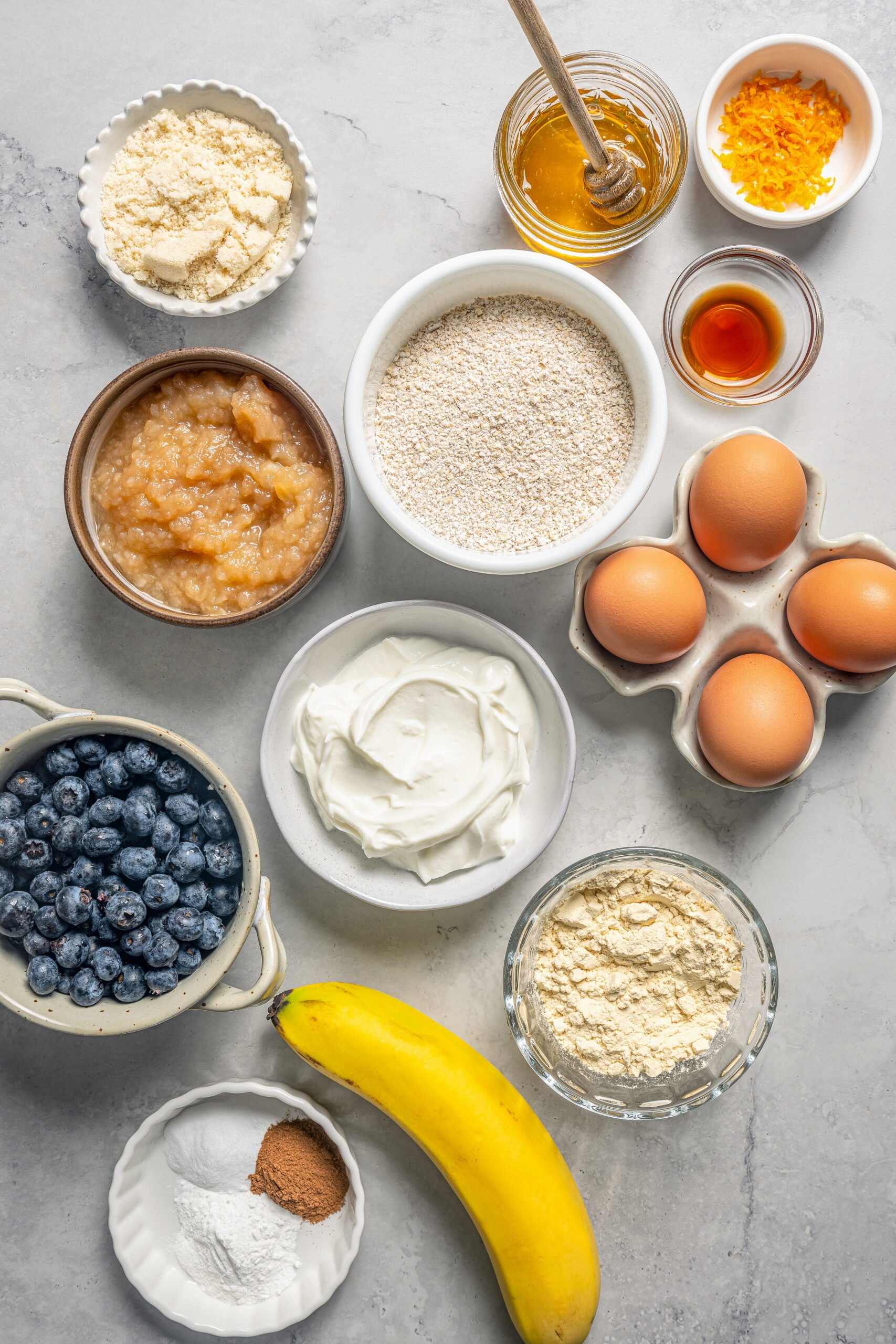 Ingredients for blueberry protein muffins. 