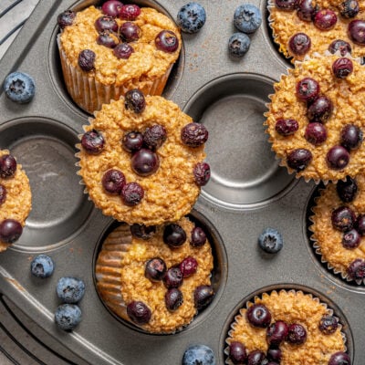 Landscape photo of blueberry protein muffins.