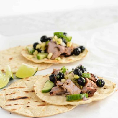 Blueberry Pork Corn Tacos Healthy Delicious Recipe loaded with grilled pork tenderloin fresh blueberries and organic corn | ahealthylifeforme.com