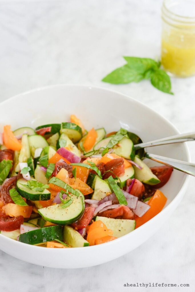 Tomato Cucumber Salad with Avocado Vinaigrette is a rainbow of fresh summer produce gluten free dairy free paleo | ahealthylifeforme.com