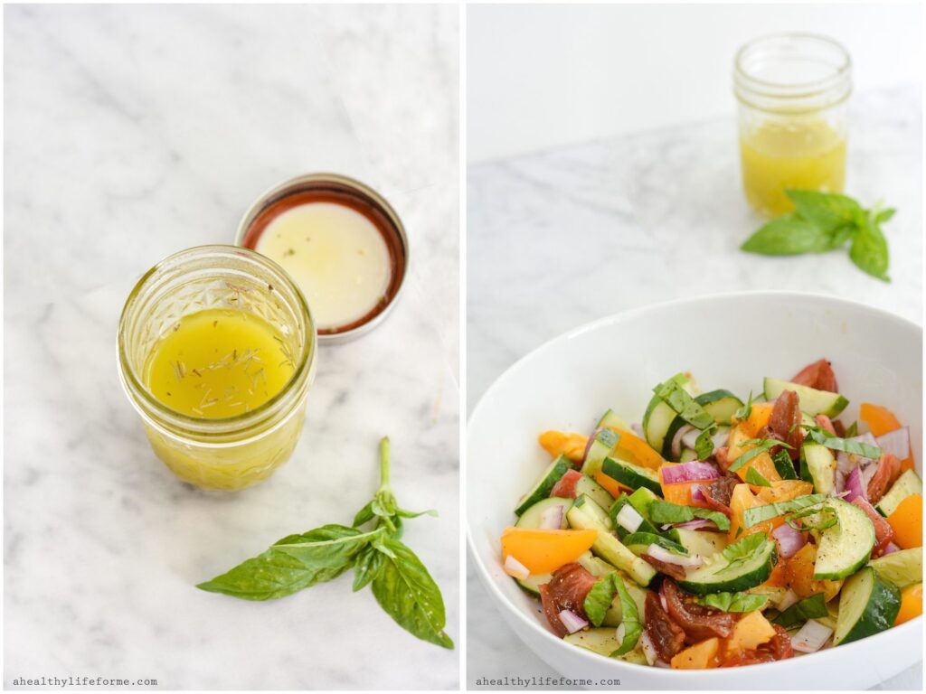 Tomato Cucumber Salad with Avocado Vinaigrette is a rainbow of fresh summer produce gluten free dairy free paleo | ahealthylifeforme.com