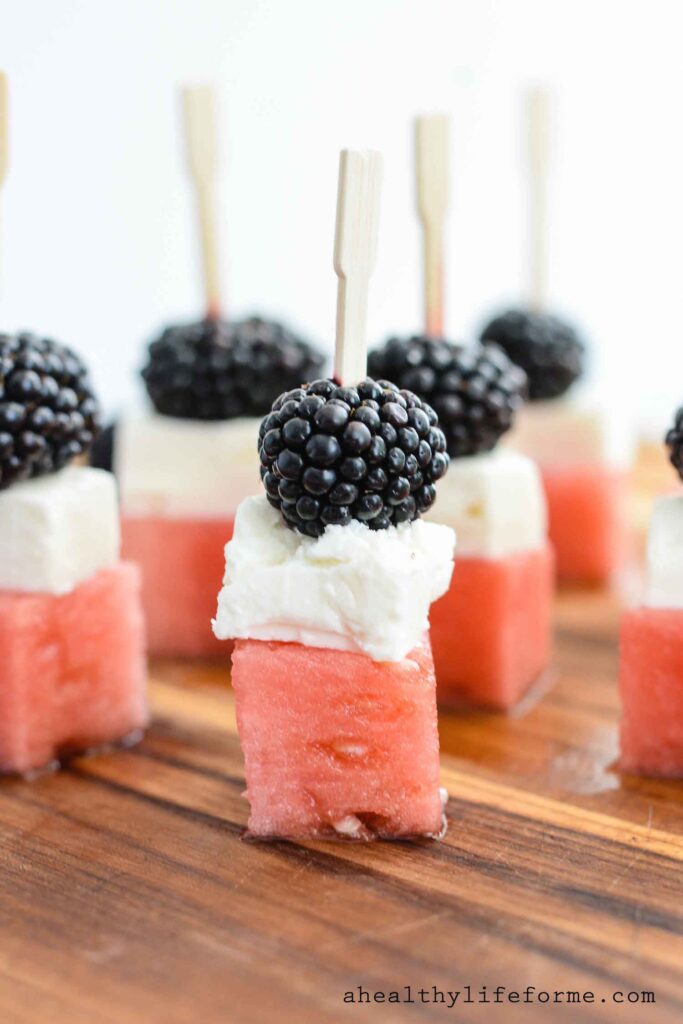 Watermelon Feta Blackberry Skewers are the perfect easy patriotic fresh and healthy appetizer recipe | ahealthylifeforme.com