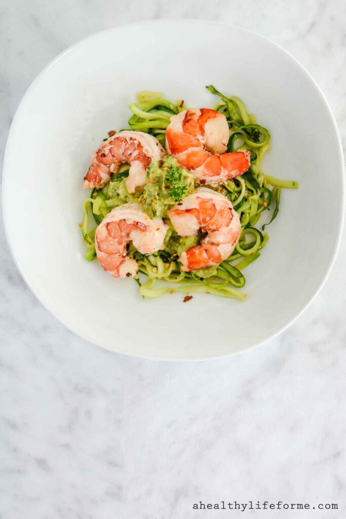Zucchini Noodles Shrimp Scamp with Avocado Sauce is a gluten free, paleo, dairy free recipe that is ready in under 20 minutes | ahealthylifeforme.com