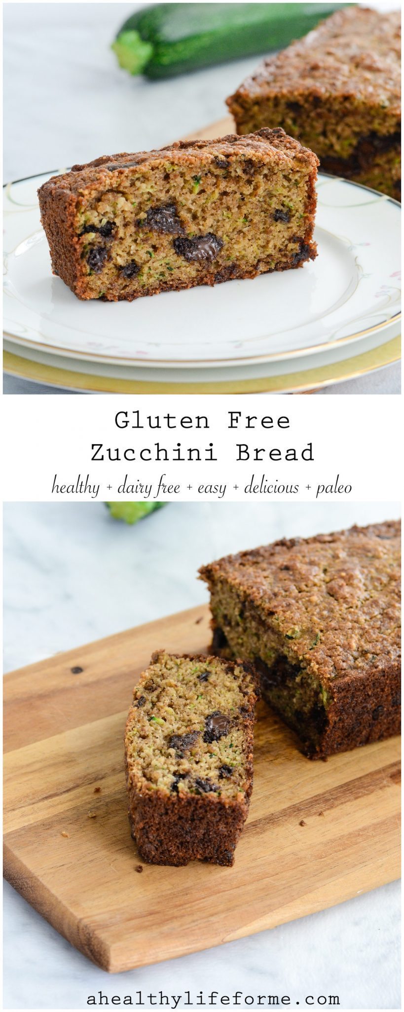 Gluten Free Zucchini Bread is loaded with shredded zucchini keeping it moist with a well needed sprinkle of chocolate throughout. The recipe is grain free, dairy free, paleo friendly | ahealthylifeforme.com