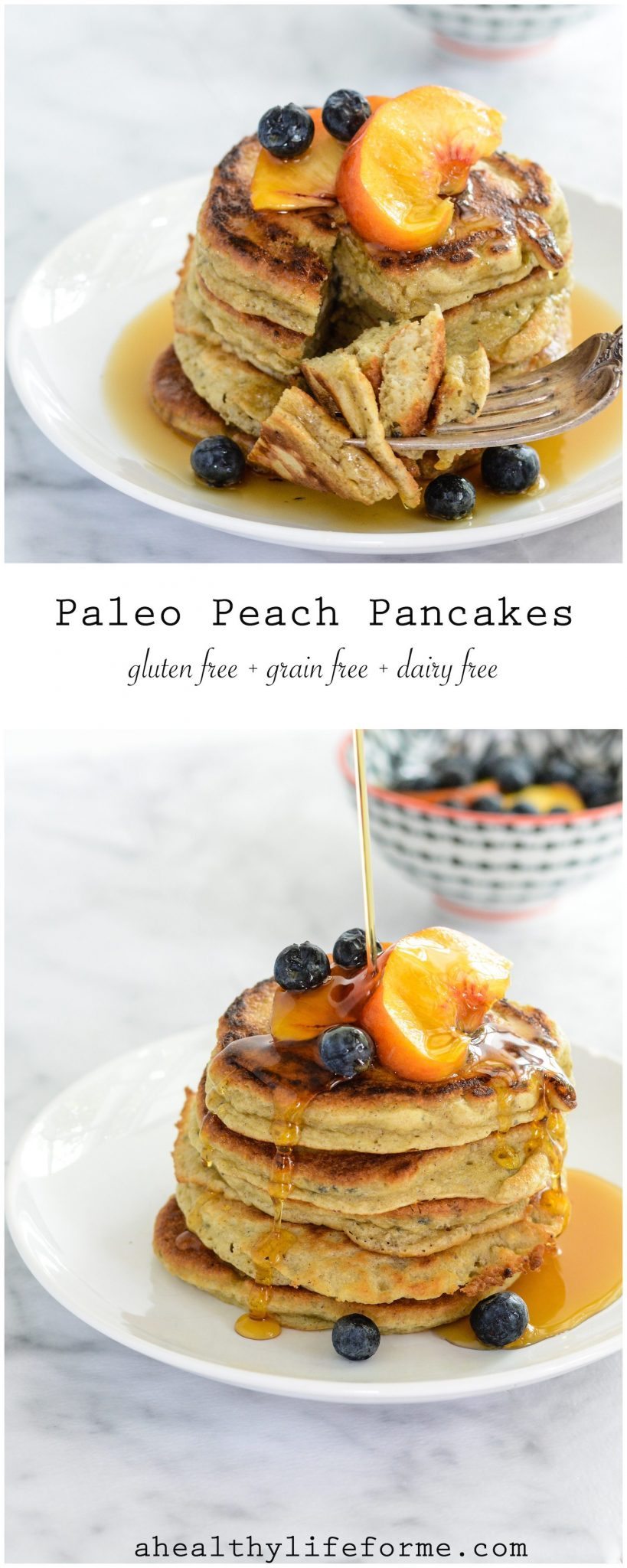 Paleo Peach Pancakes are the best little paleo pancake you ever did make. Gluten Free, Grain Free, Dairy Free | ahealthylifeforme.com