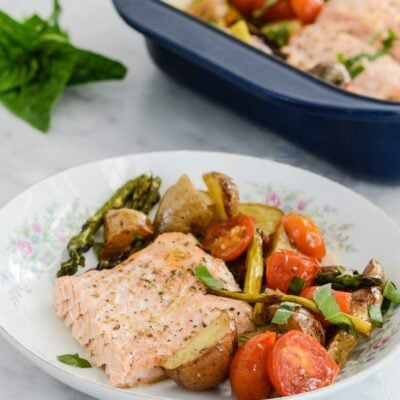Roasted Salmon Potato Tomato and Asparagus is a one pan dinner that is easy, delicious and healthy. Gluten Free Dairy Free Nut Free Paleo Whole30 | ahealthylifeforme.com
