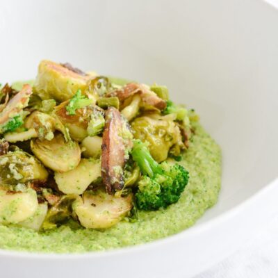 Roasted Vegetables with Broccoli Puree is a medly of roasted brussels sprouts, mushroom and asparagus that is blended with a creamy broccoli puree. Gluten Free, healthy, delicious and easy | ahealthylifeforme.com