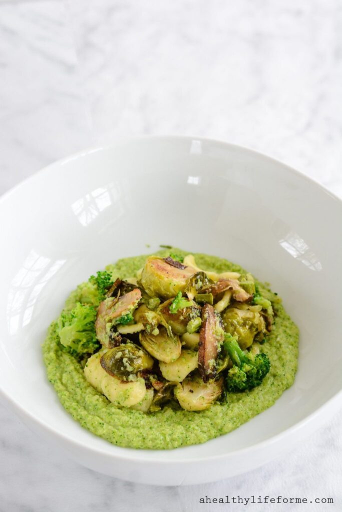 Roasted Vegetables with Broccoli Puree is a medly of roasted brussels sprouts, mushroom and asparagus that is blended with a creamy broccoli puree. Gluten Free, healthy, delicious and easy | ahealthylifeforme.com