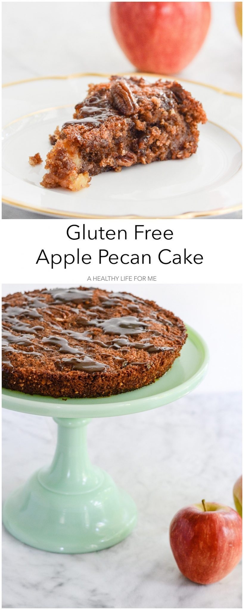 Gluten Free Apple Pecan Cake is ooey gooey deliciousness. Loaded with fresh apples, pecans and sweetened with pure maple syrup | ahealthylifeforme.com