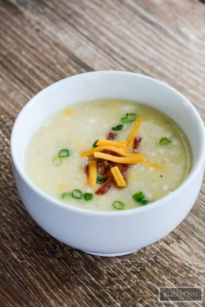 Light Potato Cheese Soup made in a slow cooker is delicious, simple and comforting | ahealthylifeforme.com