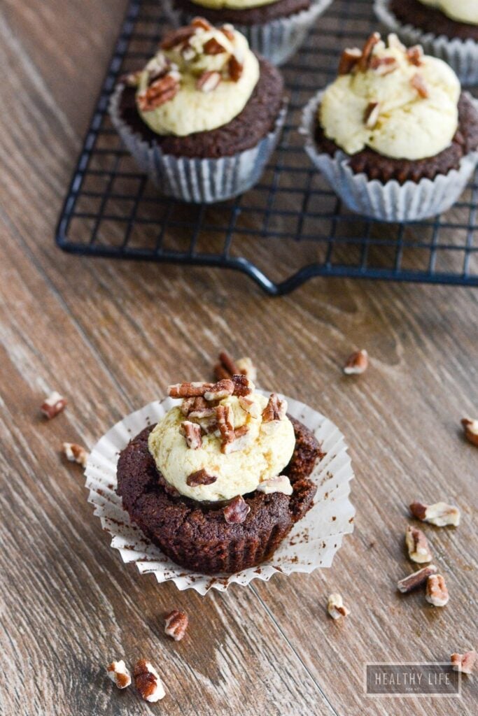 Gluten Free Chocolate bourbon Pecan Cupcakes with Coconut Maple Frosting Recipe | ahealthylifeforme.com