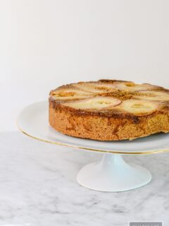 Gluten Free Pear Upside Down Cake a beautiful dense nutty flavored cake that is sweetened with the flavor of Bosc pears | ahealthylifeforme.com