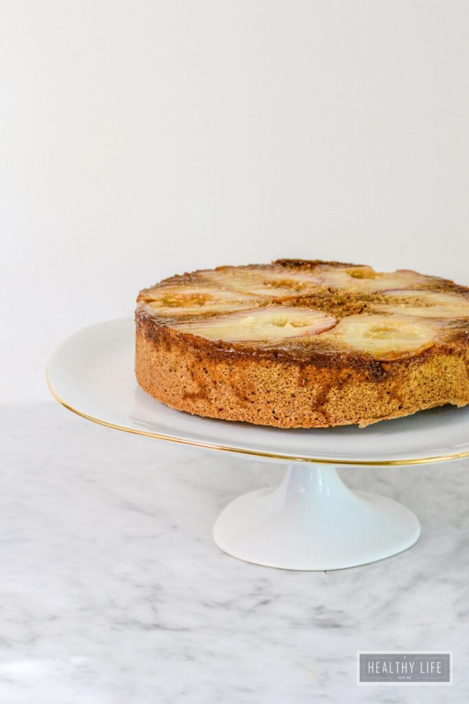 Gluten Free Pear Upside Down Cake a beautiful dense nutty flavored cake that is sweetened with the flavor of Bosc pears | ahealthylifeforme.com