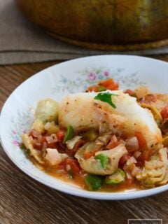 Cod with Bacon Tomato and Artichoke healthy recipe that is prepared in one pot recipe | ahealthylifeforme.com