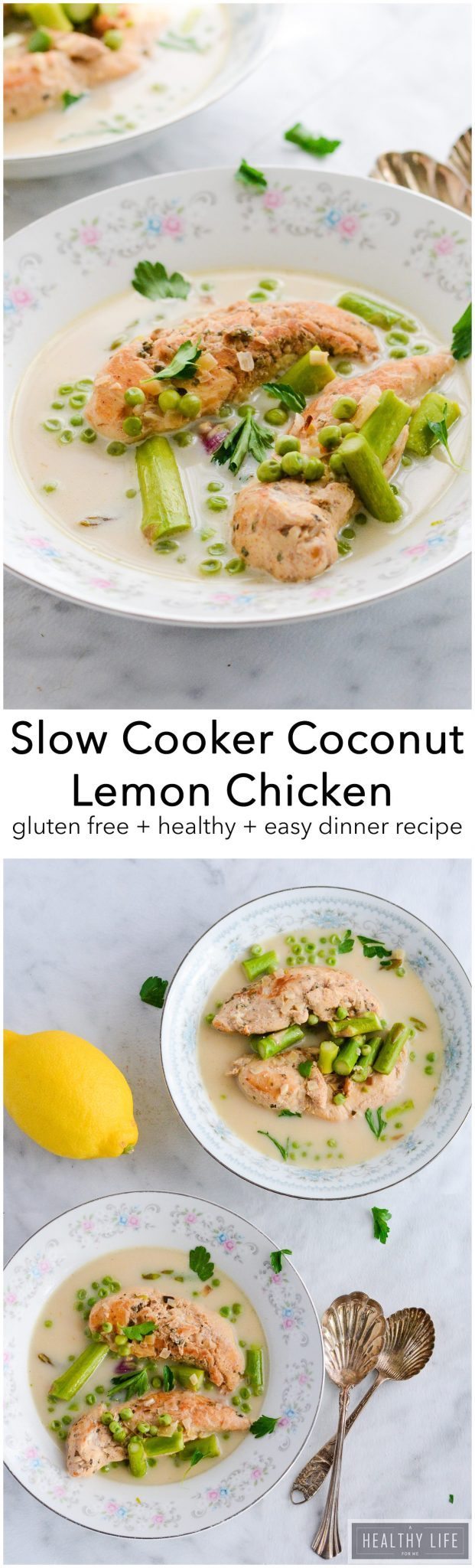 Slow Cooker Coconut Lemon Chicken a creamy, vibrant dinner recipe that is sure to become a favorite go to recipe. Not only is this made in one pot but is healthy, low calorie, gluten-free, dairy-free and can be made paleo friendly | ahealthylifeforme.com