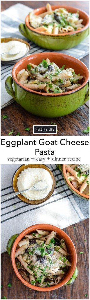 Roasted Eggplant and Onions tossed with Whole Wheat Pasta Goat Cheese and Italian Herbs | ahealthylifeforme.com