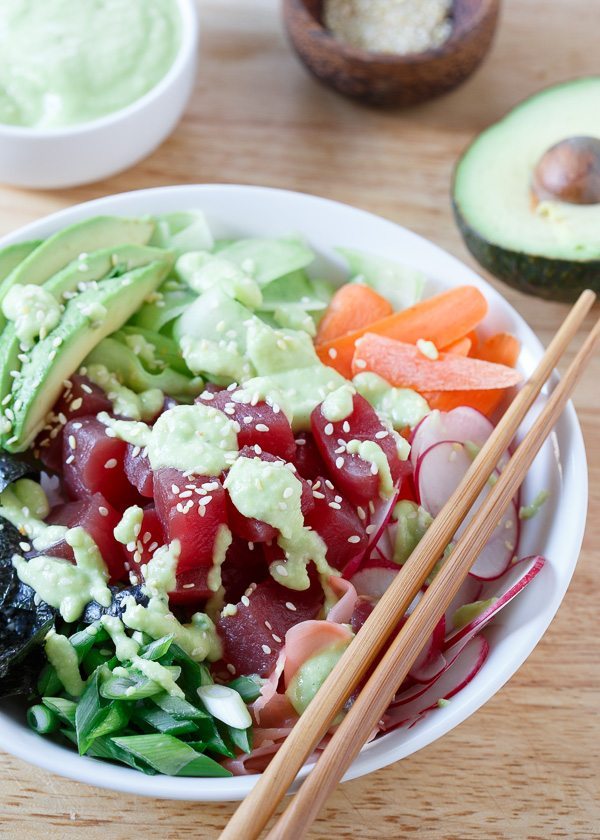 Tuna Sushi Bowl with Avocado Wasabi Dressing | runningtothekitchen.com
