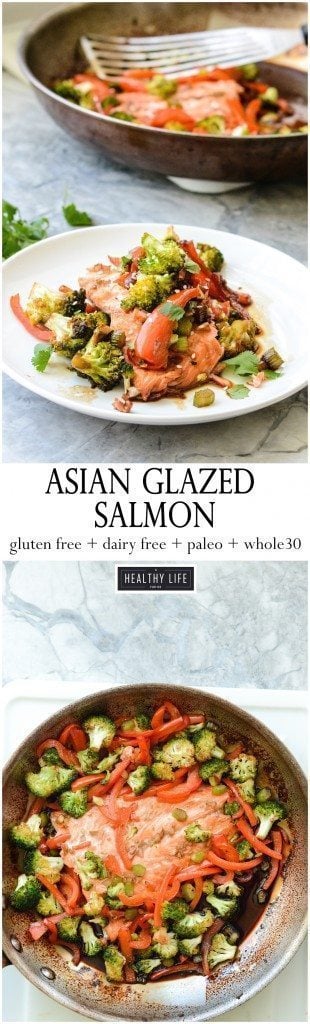Super easy Asian Glazed Salmon is not just delicious, healthy but is ready in 25 minutes. Crunchy fresh vegetables and omega rich Salmon coated in a salty sweet asian sauce makes the perfect weeknight dinner. This recipe is gluten-free, dairy free, paleo and whole 30 friendly and loaded with superfoods | ahealthylifeforme.com