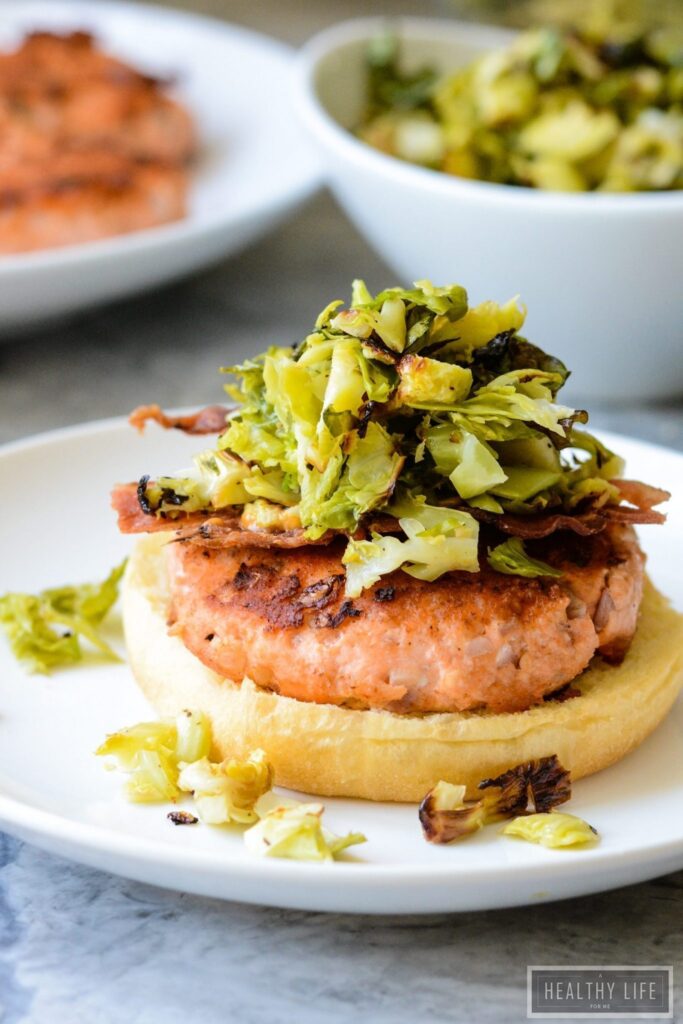 Spicy Salmon Burger Recipe with Roasted Brussels Sprout Slaw | ahealthylifeforme.com