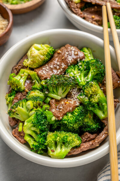 Bowl of beef and broccoli recipe.