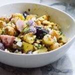 Red White Blue Potato Egg Salad is a creamy, tangy salad that can be made ahead of time. The perfect side to any cookout and perfect for enjoying while you celebrate the 4th of July | ahealthylifeforme.com