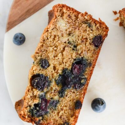 Close-up of slice of blueberry banana bread,