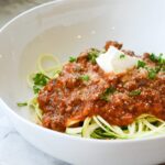 Zucchini Noodles Meat Tomato Sauce is a fun delicious way to enjoy summer zucchini. Skip the noodles, carbohydrates, gluten and enjoy this healthy, and gluten free recipe | ahealthylifeforme.com