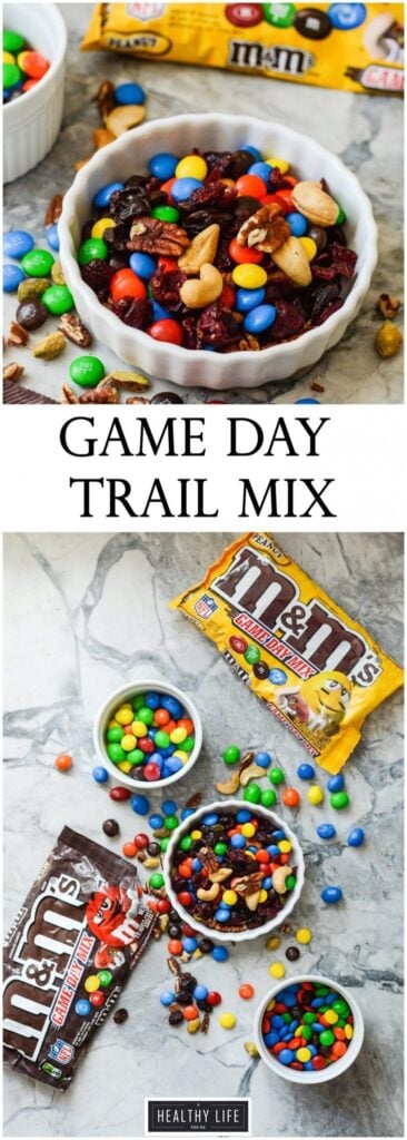 Everyone needs a quick go to Game Day Trail Mix that is easy to throw together, tastes delicious because it contains nuts, berries and M&M's. | ahealthylifeforme.com