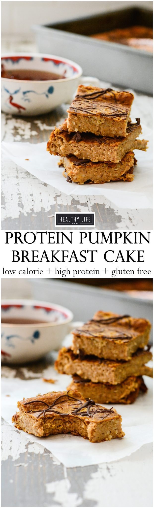 A collage of two images of a protein pumpkin breakfast cake on a dining table