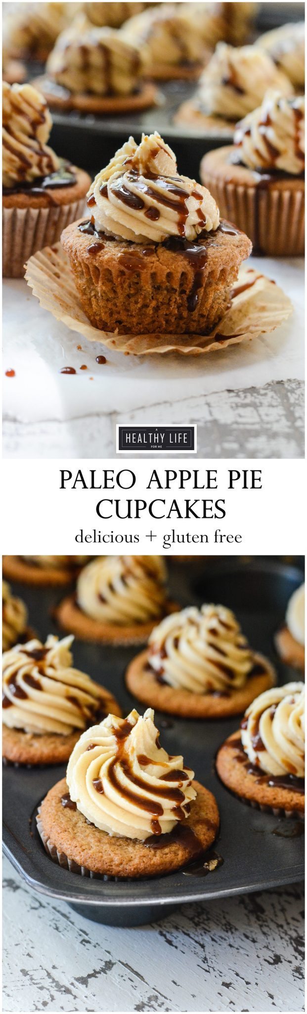 A collage of two images of apple pie cupcakes with a label introducing the dessert in between the photos