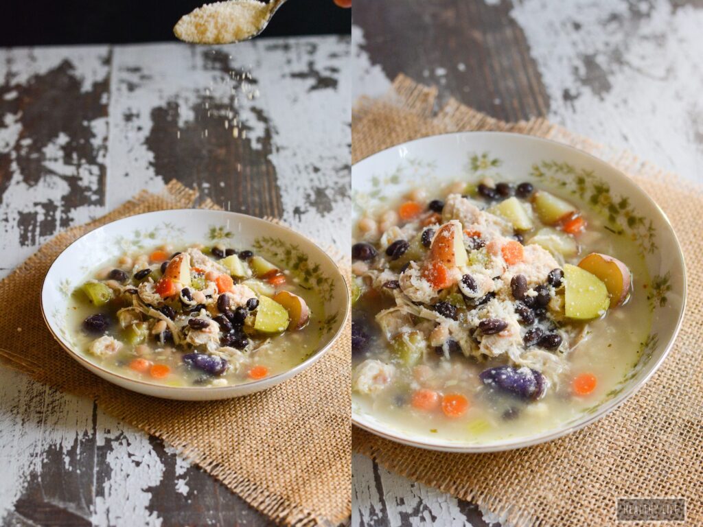 A photo collage of a bowl of vegetable and turkey soup in a china bowl on a a burlap cloth.