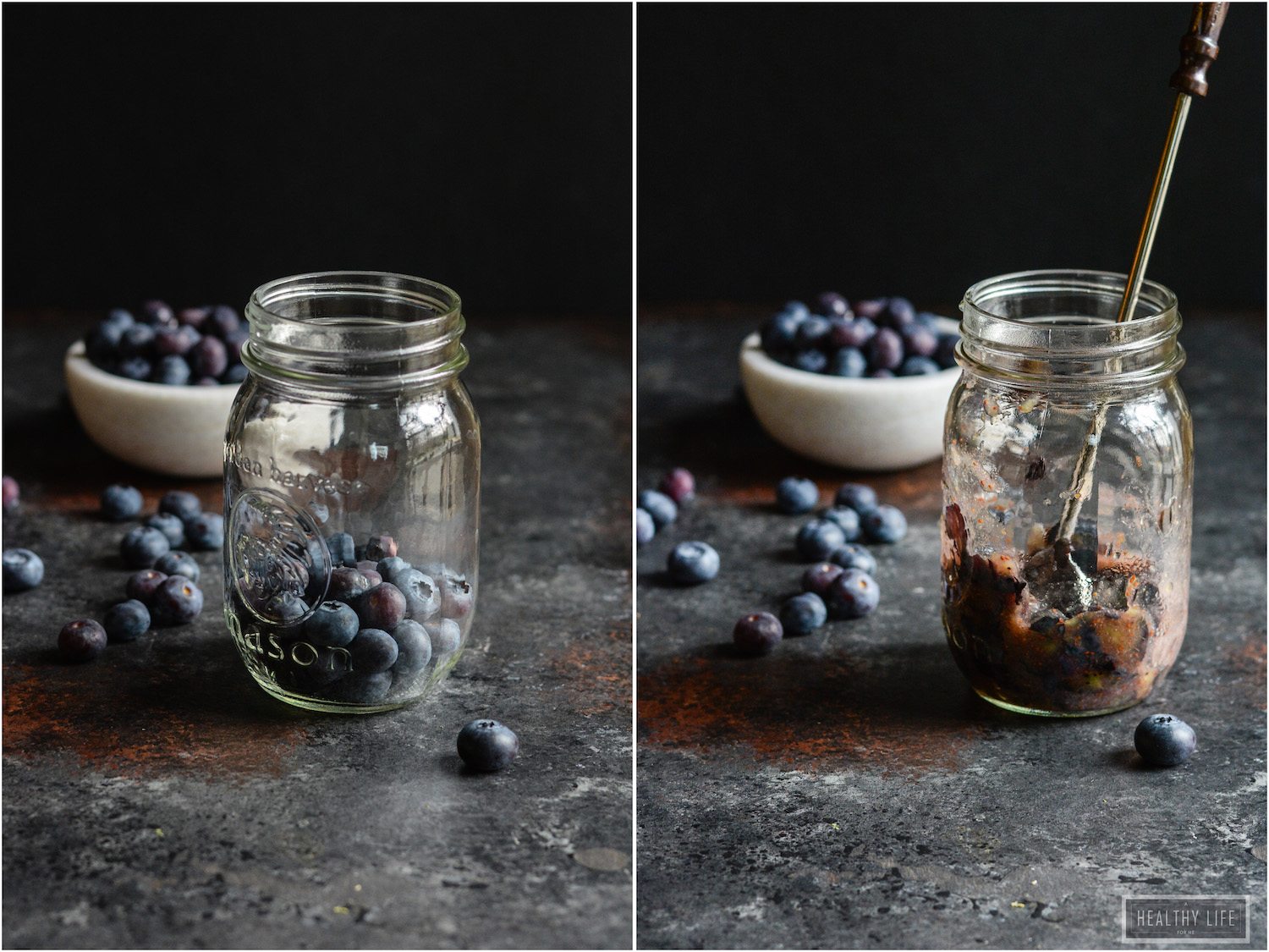 Adding the blueberries to the jar in the left. Crushing the blueberries on the right.