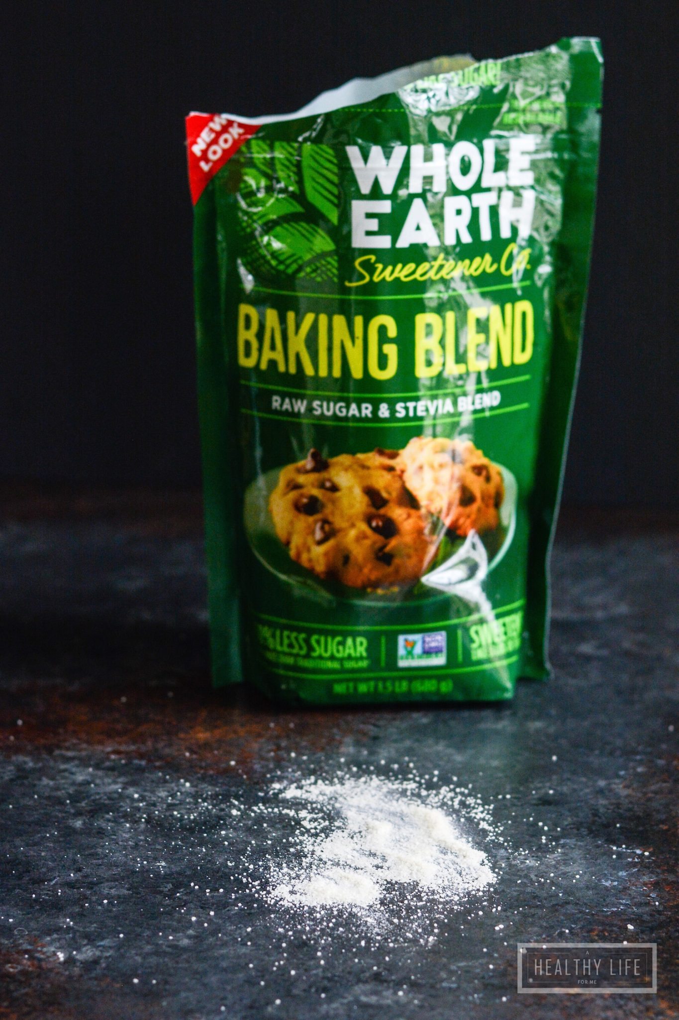 Whole Earth Sweetener Company's raw sugar and stevia baking blend sitting on a kitchen countertop